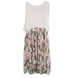 Tropical Floral Sleeveless Skort Dress - White & Pink Palm Print Women Size XXL